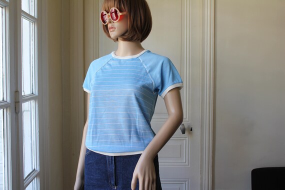 60s vintage t-shirt pale blue white stripes baby b