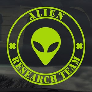 Alien Research Team 8&quot; Vinyl Sticker / Decal - UFO Abduction Flying Saucer Greys
