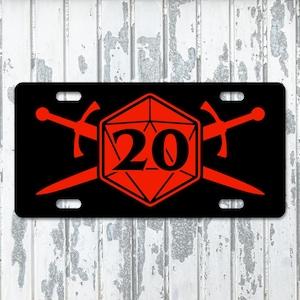 D20 Dice and Swords Metal License Plate Nat 20 Critical Hit RPG TTRPG
