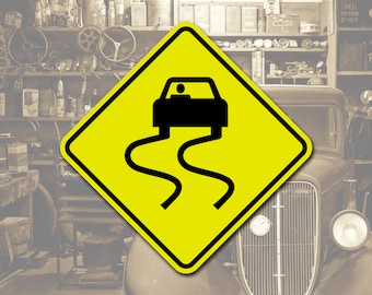 Slippery Road Ahead Sign Yellow Aluminum Garage Decor