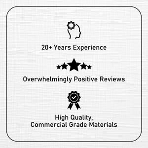 Op de afbeelding: Zwart-witte afbeelding met tekst: "20+ Years Experience", "Overwhelmingly Positive Reviews" en "High Quality, Commercial Grade Materials". De afbeelding bevat pictogrammen van een tandwiel over een hoofd, sterren en een lint.