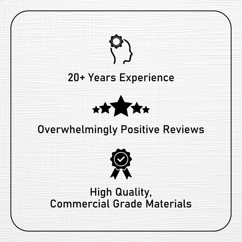 Op de afbeelding: Zwart-witte afbeelding met tekst: "20+ Years Experience", "Overwhelmingly Positive Reviews" en "High Quality, Commercial Grade Materials". De afbeelding bevat pictogrammen van een tandwiel over een hoofd, sterren en een lint.
