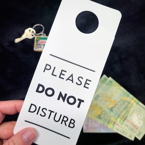 Puede incluir: Una tarjeta blanca para colgar en la puerta con el texto "PLEASE DO NOT DISTURB" en negro. También se ven una llave y algo de dinero en papel en la imagen.
