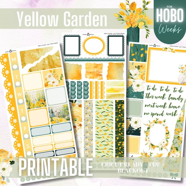 Hobo Weeks  Printable Sticker Kit, Yellow Garden Planner Stickers, Weekly Stickers Kit