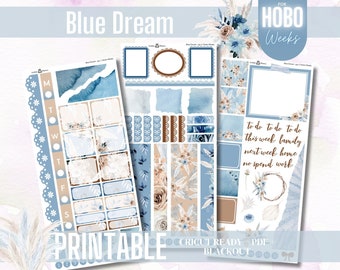 Printable Hobo Weeks Sticker Kit, Blue Dream Planner Stickers, Weekly Stickers Kit