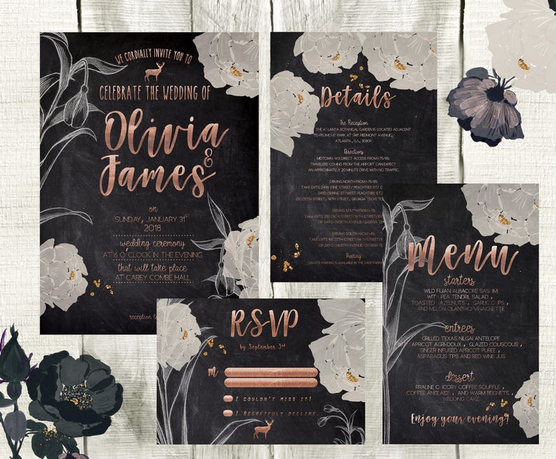 Wedding Invitation Chalkboard and Rose Gold Wedding Invitation Set Wedding Suite Printable Garden Wedding Rustic Wedding