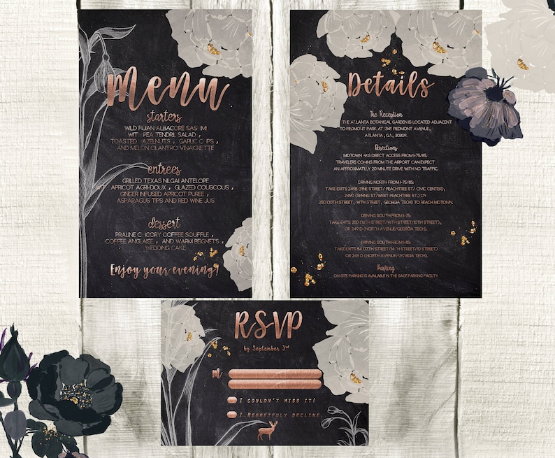 Wedding Invitation Chalkboard and Rose Gold Wedding Invitation Set Wedding Suite Printable Garden Wedding Rustic Wedding