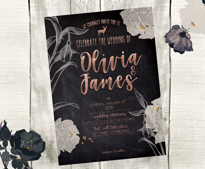 Wedding Invitation Chalkboard and Rose Gold Wedding Invitation Set Wedding Suite Printable Garden Wedding Rustic Wedding