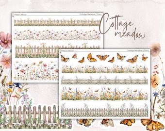 Cottage Meadow and Floral Fence Trim Stickers for Journals and Planners, Transparent, Premium Matte