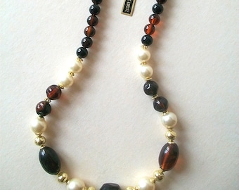 Vintage Genuine Lucite 60s Beaded Necklace Brown gold 60cm Long Necklace True Vintage