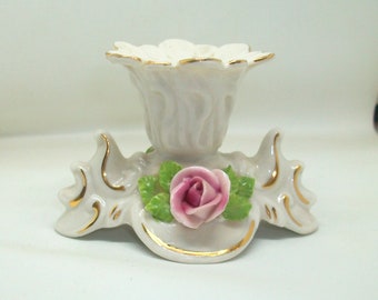 Porcelain candlestick, candle holder with plastically modeled roses, Original Germany, gold décor, signed, vintage shabby