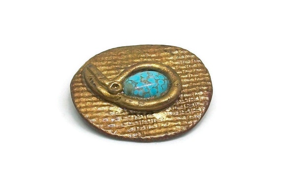 Vintage brooch made of art mass with green glass … - image 1