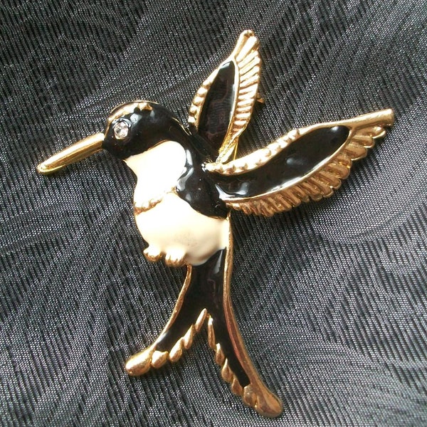 Wunderschöne Kolibri Brosche schwarz emailliert mit Strass Stein als Auge Vintage Brooch