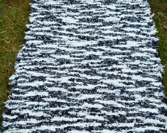 Black and White rug, Hand woven  Eco Rug, Wool Carpet rug Wool rug  Rustic rug Handwoven rug Striped rug, White rug, Black rug ( N027)