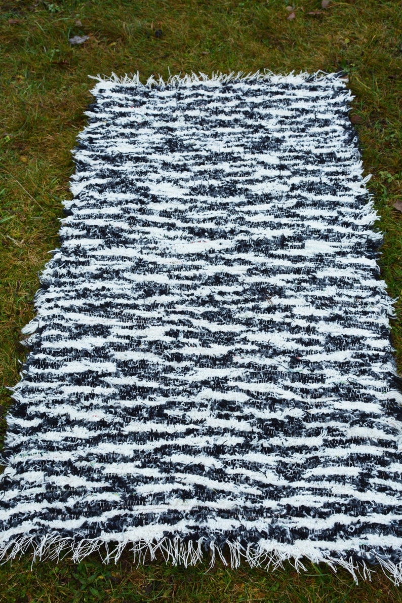 Black and White rug, Hand woven Eco Rug, Wool Carpet rug Wool rug Rustic rug Handwoven rug Striped rug, White rug, Black rug N027 image 1