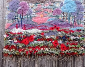 Indigo mist-field Sunset , Woven meadow Tapestry. Colorful sunset Field Tapestry. Felted Tree tapestry. Woven, Felted wall hanging.