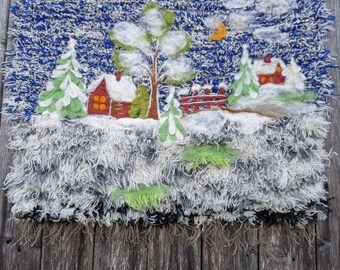 Gingerbread winter meadow, Woven winter Tapestry. Colorful winter Tapestry. Woven, Felted wall hanging.