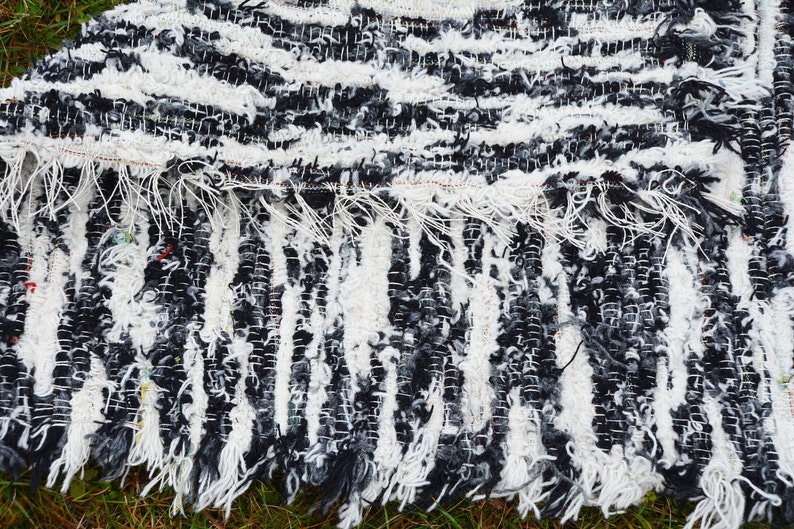 Black and White rug, Hand woven Eco Rug, Wool Carpet rug Wool rug Rustic rug Handwoven rug Striped rug, White rug, Black rug N027 image 2