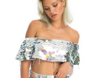 White Woven Ruffle Long Sleeve Crop Top Coachella outfit Stagecoach outfit rave outfit Festival set Burning man top