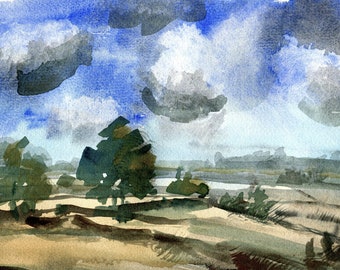 Original Watercolour, Late Summer Crops, Landscape Picture, Fine Art Painting, ElizabethAFox, Summer Painting