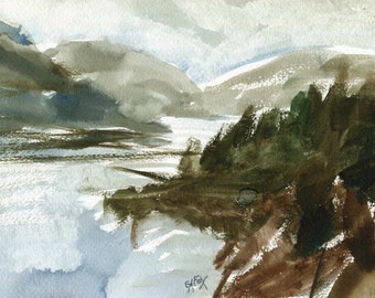 Landscape Watercolour, Misty Lake, Original Fine Art, Watercolour Painting