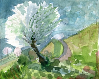 Baum Blüte Aquarell Malerei, Kirschblüten Bäume, Fine Art, Originale Landschaft, Baum Bild