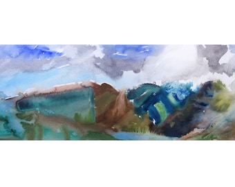 Very Large Watercolour Painting,  Mountain Field Patterns, Lake District, Panorama Painting, Watercolour Landscape, 107 x 43 cm