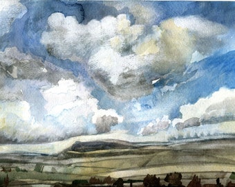 Derbyshire Clouds, Fine Art, Moorland Watercolour, Original Watercolour, Contemporary Painting, ElizabethAFox