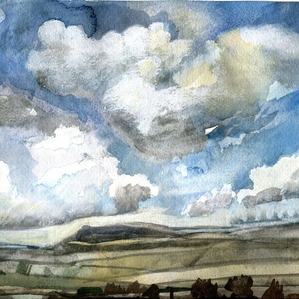 Derbyshire Clouds, Fine Art, Moorland Watercolour, Original Watercolour, Contemporary Painting, ElizabethAFox