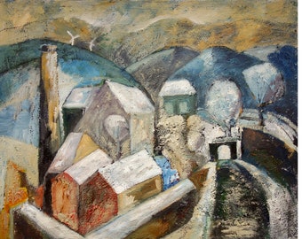 Landschaftsölgemälde, Mühlen am Kanal, Yorkshire Gemälde, Industrie Gemälde, Winterbild, 40 x 50 cm
