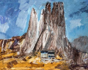 Rifugio re Alberto 1, Mountain Painting,  Perched Refuge,  Dolomite Painting, Fine Art, Landscape Painting, ElizabethAFox