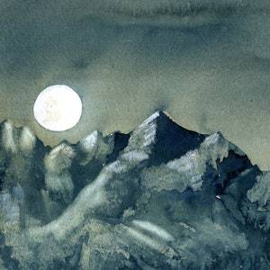 Pittura islandese, Montagna Luna 2, Pittura di montagna, Cielo notturno, Pittura lunare, Pittura ad acquerello, ElizabethAFox