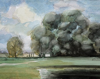 Dark Summer Trees, Landscape Watercolour, English Landscape, Fine Art, ElizabethAFox