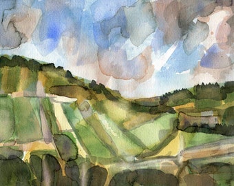 Landschaft Aquarell, Todmorden Spring Green 2, Original Fine Art, Aquarell Malerei, Yorkshire Art