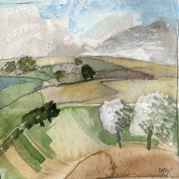 Watercolour Painting, Landscape Art, Spring Fields, Yorkshire, Fine Art Painting, English Painting, ElizabethAFox