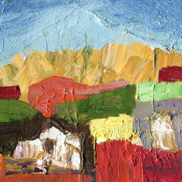 Farm in the Sun, Original Fine Art, Oil Painting, Landscape Painting, ElizabethAFox