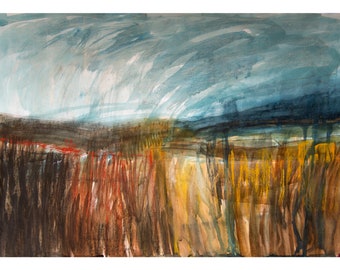 Landschaftsmalerei, Herbst Moorland Horizon, Original Fine Art, Großes Aquarell