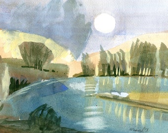 Moonlit Pond, Fine Art, Original Landscape, Watercolour Painting, Garden Painting