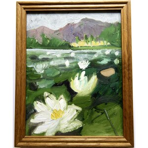 Nenúfares, Blea Tarn, Langdale, flores de montaña, pintura al óleo original enmarcada,