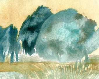 Original Landscape, Blue Summer Trees, Fine Art, Watercolour Painting, Tree Painting