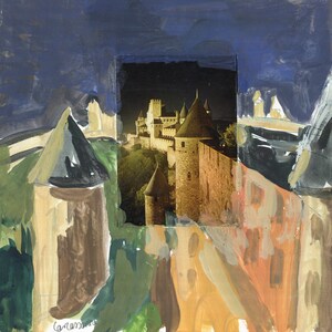 Sorti de nulle part - Carcassonne, France, Art original, Aquarelle, Paysage de France