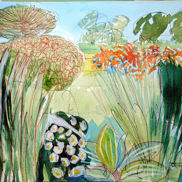 Large Watercolour Painting, Flower Garden, Watercolour Landscape, ElizabethaFox