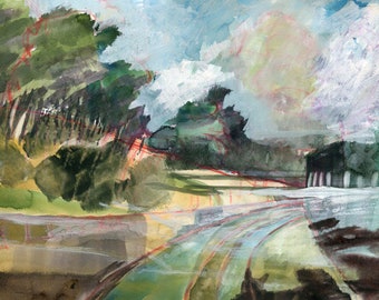 Landscape Painting, Green Track, Original Fine Art, Watercolour Painting, Yorkshire Picture, ElizabethAFox