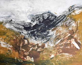 Black Cuillin, Landscape Abstract,  Original Fine Art, Monotype Painting, Scotland Picture, ElizabethAFox, 50 x 34 cm