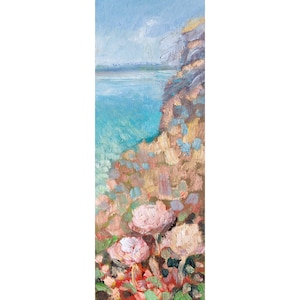 Flores junto al mar, flores silvestres, pintura al óleo original, cuadro botánico, pintura de bellas artes