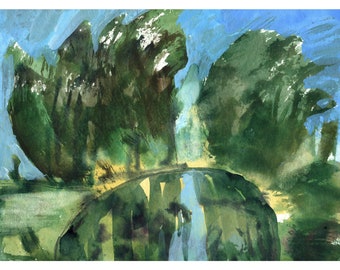 Bright Pond, Original Landscape, Fine Art, Watercolour Painting, Tree Painting