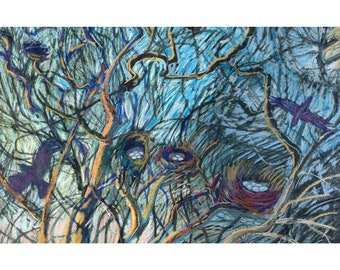 Nests - Original Oil Pastel Drawing  - Bird Painting - ElizabethAFox - Nature Painting