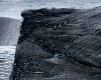 Landscape Drawing , Cliff Path with Trees, Large Charcoal Drawing, Landscape Picture (17x24 in)