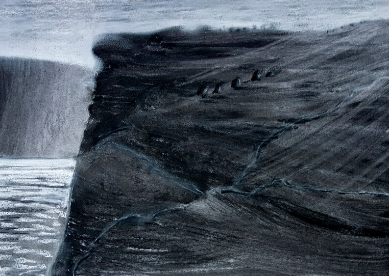 Landscape Drawing , Cliff Path with Trees, Large Charcoal Drawing, Landscape Picture zdjęcie 2