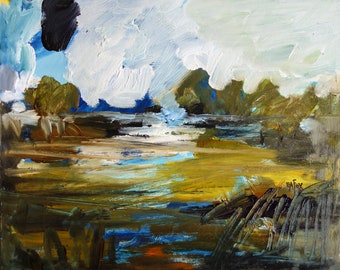 River Dreaming, Landscape Abstract, Original Fine Art, Oil Painting, River Picture, ElizabethAFox, 35 x 29 cm